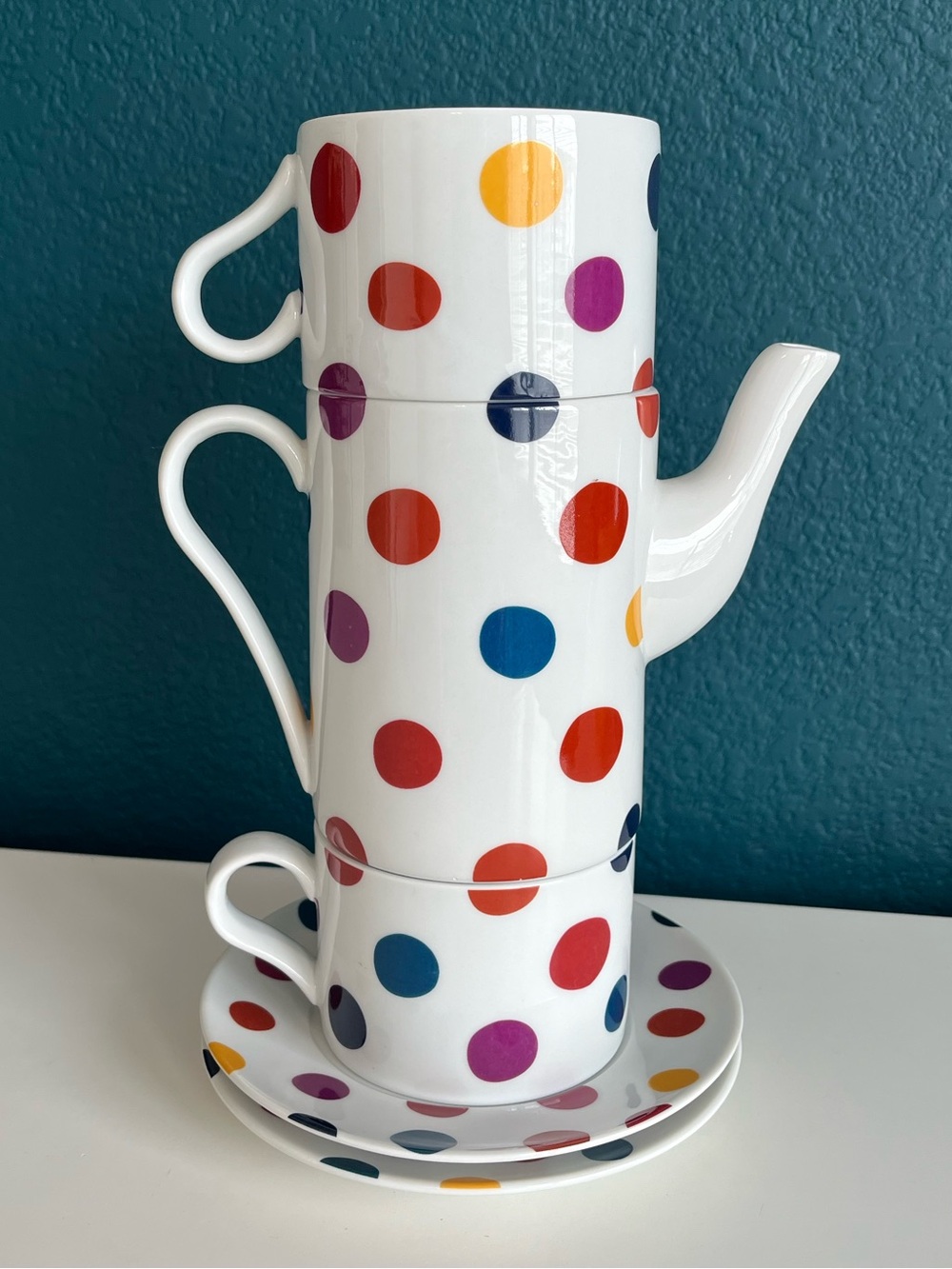 World Market Stackable Polka-Dot Tea Set with Teapot Teacups & Saucers